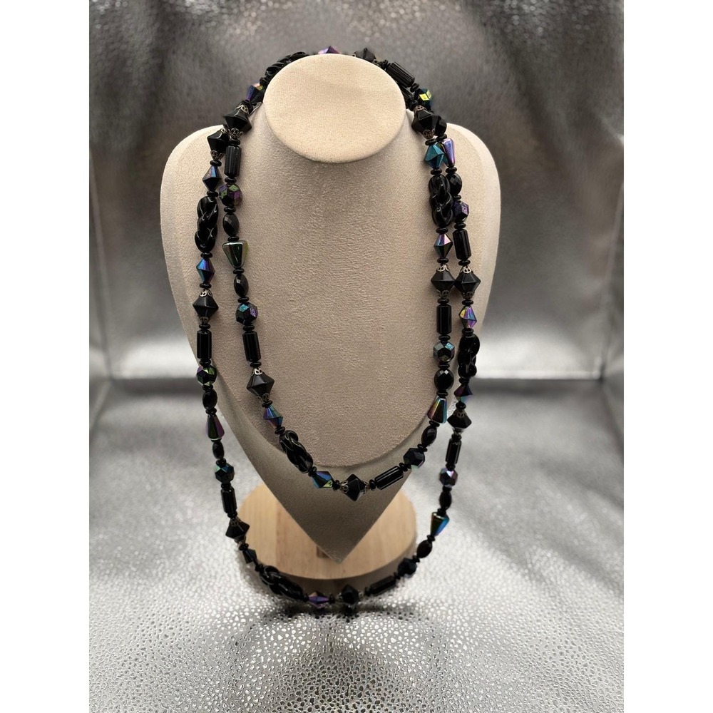 VTG Judy-Lee Signed Black Glass AB Necklace Faceted Crystal Beads Collector - Picture 5 of 12